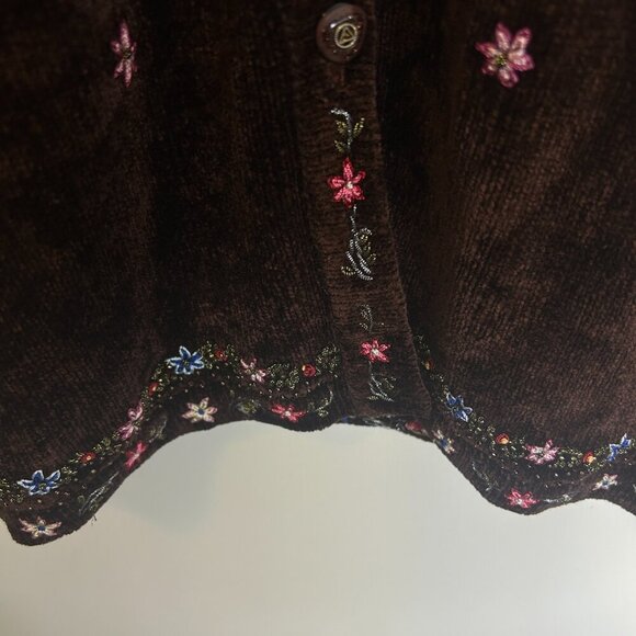 Vtg Brown Chenille‎ Cardigan Sz L • Beaded Embroidery Sparkle Cottagecore Granny - Picture 6 of 9
